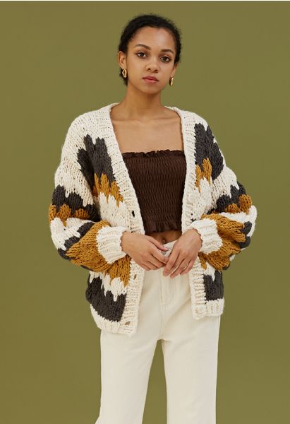 Color Blocked V-Neck Hand-Knit Chunky Cardigan in Smoke