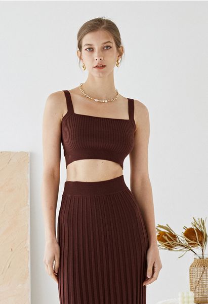 Ultra-Soft Ribbed Cami Knit Cropped Top in Brown