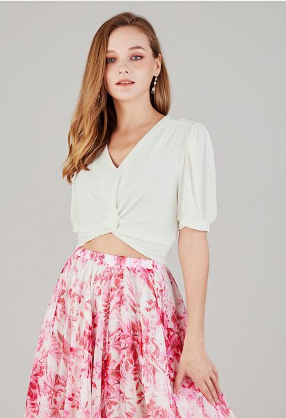 Twisted V-Neck Tie-Bow Crop Top in White