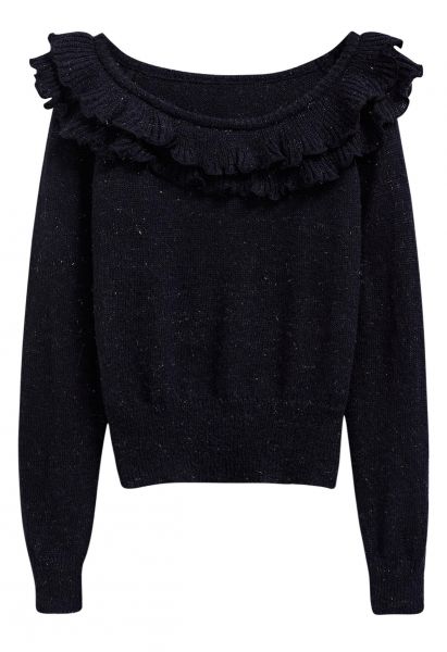 Shimmering Tiered Ruffle Off-Shoulder Knit Sweater in Black