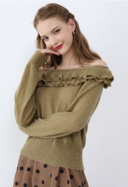 Shimmering Tiered Ruffle Off-Shoulder Knit Sweater in Camel