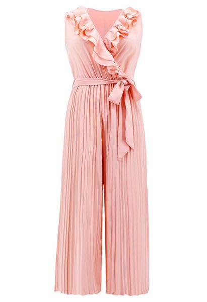 Tiered Ruffle Wrap Plisse Jumpsuit in Pink
