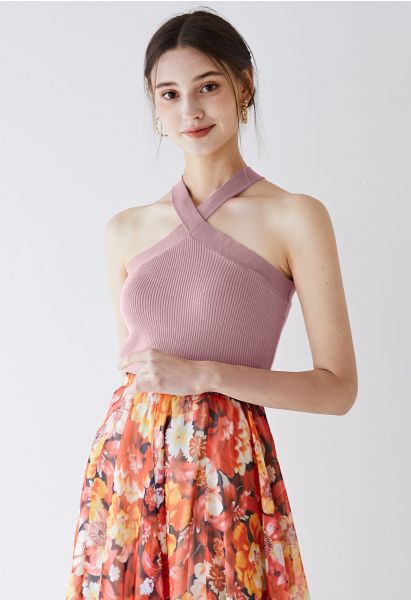 Criss Cross Straps Halter Knit Top in Pink