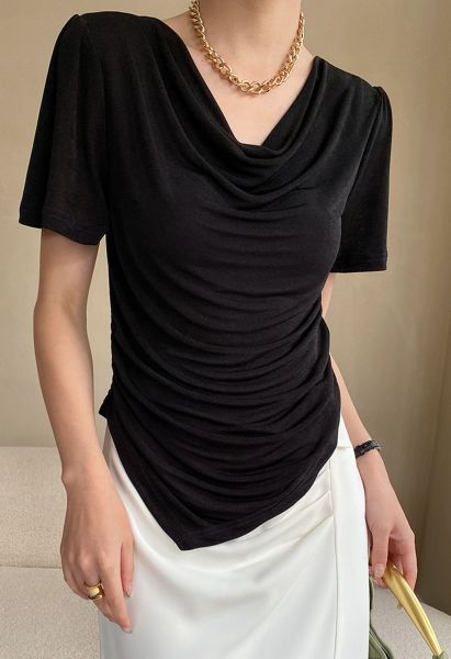 Cowl Neck Ruched Waist Top in Black