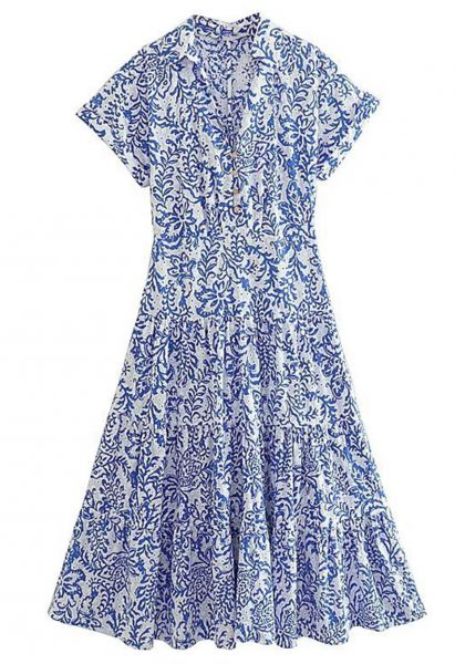Blue Floral Cutout Back Eyelet Embroidery Dress