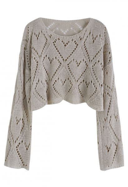 Heart Pattern Openwork Knit Top in Taupe