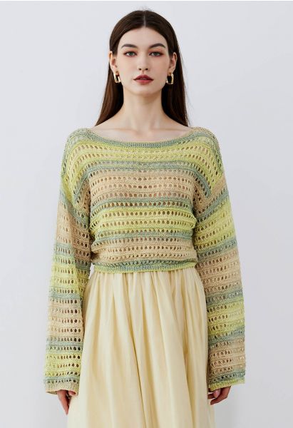 Colorful Stripe Hollow Out Knit Sweater in Pistachio