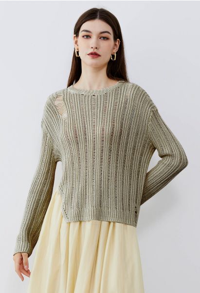 Side Slit Pointelle Knit Sweater in Khaki - Retro, Indie and