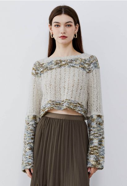 Mix Color Knit Detail Crop Sweater in Oatmeal