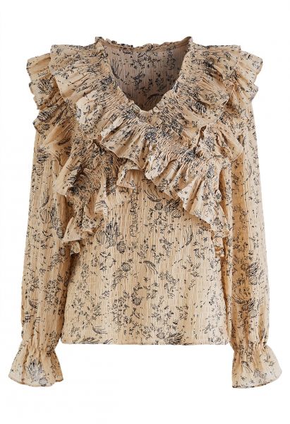 Abstract Print Cross Tiered Ruffled Top in Light Tan - Retro, Indie and  Unique Fashion