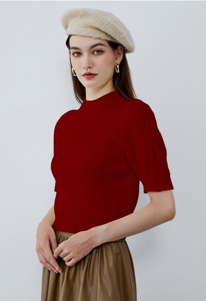 Mock Neck Short Sleeve Knit Sweater in Red