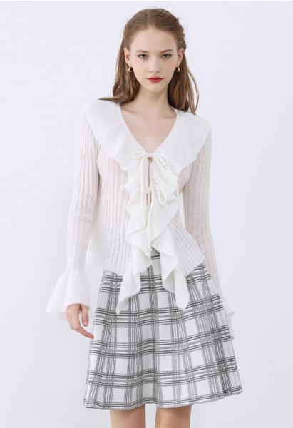Plaid Knit High Waist Mini Skirt in Grey