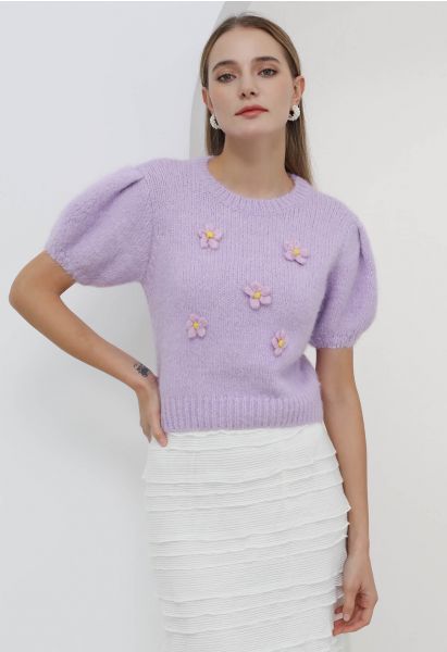 Crochet Flower Bubble Short-Sleeve Sweater in Lilac