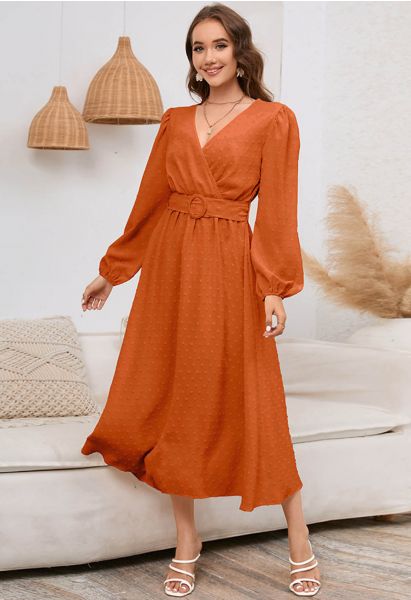 Flock Dot Jacquard Faux-Wrap Belted Dress in Orange