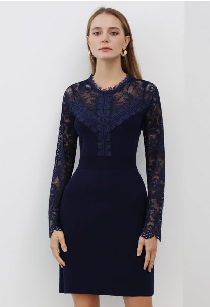 Floral Lace Spliced Knit Dress in Navy