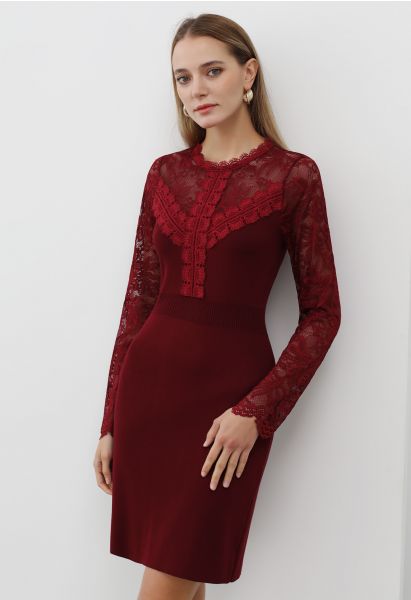 Floral Lace Spliced Knit Dress in Burgundy