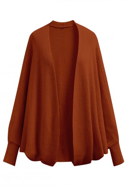 Batwing Sleeves Open Front Knit Cardigan in Caramel