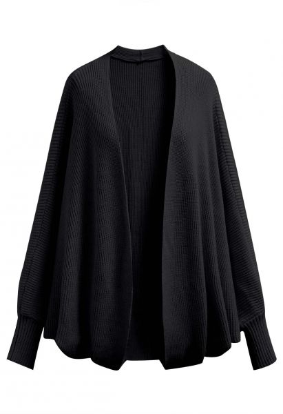 Batwing Sleeves Open Front Knit Cardigan in Black