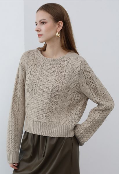 Classy Cable Knit Crop Sweater in Taupe