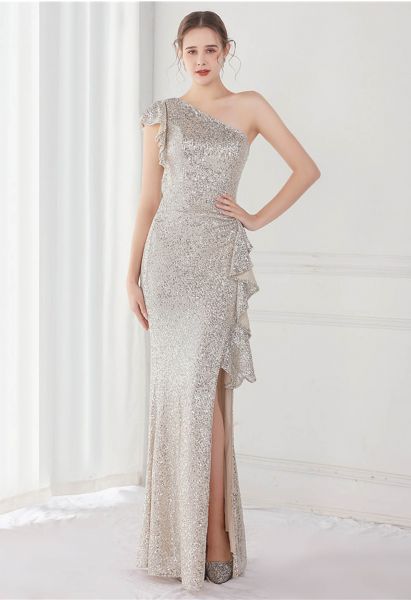 Sequined One-Shoulder Ruffle Mermaid Gown in Silver
