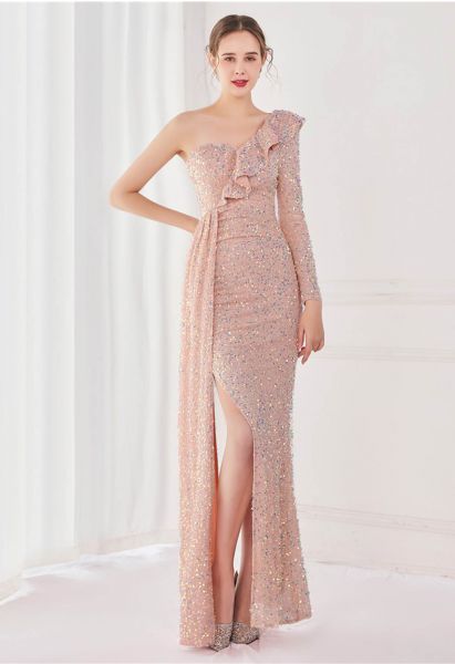 One-Shoulder Sequined Ruffle Slit Maxi Gown in Pink