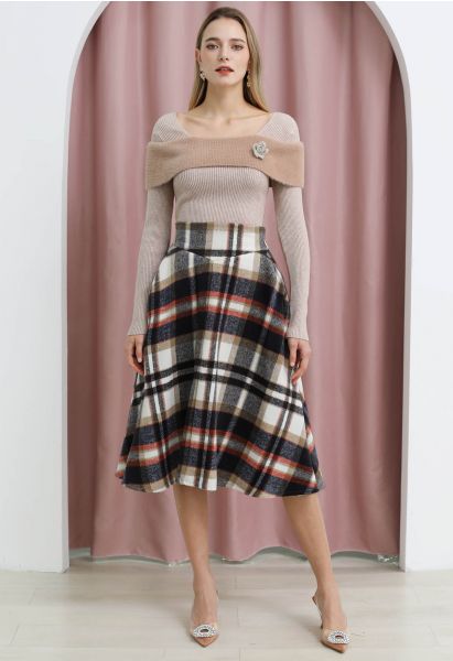 Multicolor Check Print Wool-Blend A-Line Skirt in Grey