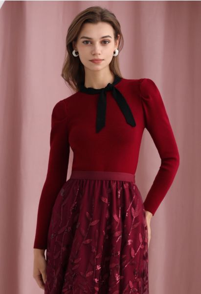 Gigot Sleeve Ribbon Adorned Knit Top in Red