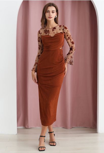 Velvet Floral Mesh Spliced Ruched Bodycon Dress in Pumpkin