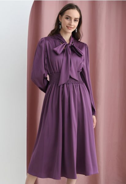 Bowknot Shirred Waist Satin Midi Dress in Purple