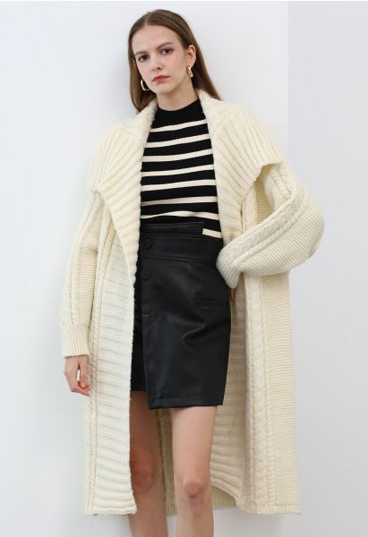 Flap Collar Cable Knit Longline Cardigan in Cream