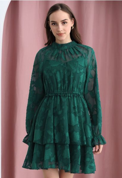 Floral Jacquard Mesh Tiered Mini Dress in Emerald