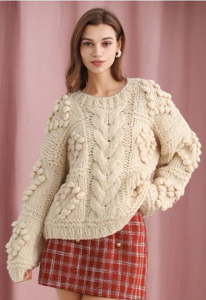 Pom-Pom Heart Braid Hand Knit Sweater in Cream