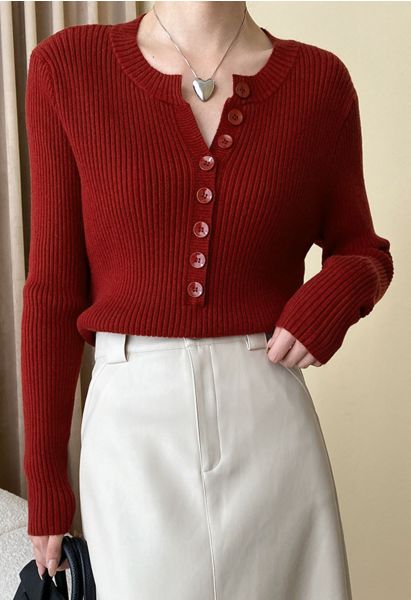 Versatile Button Front Ribbed Knit Top in Red