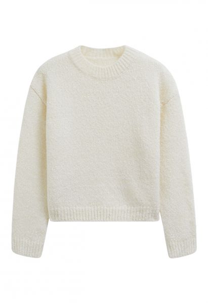 Drop Shoulder Rib Edge Knit Sweater in Cream