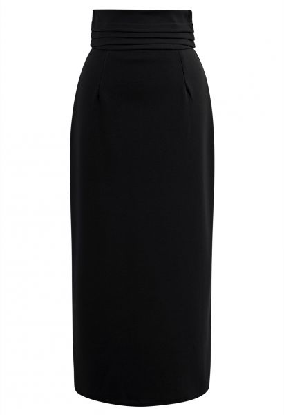 Pintuck High Waist Pencil Skirt in Black