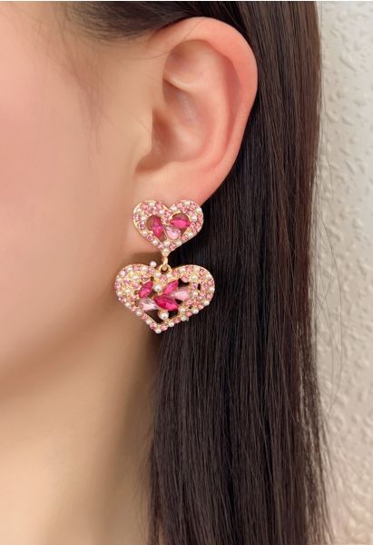 Hollow Out Heart Pearl Crystal Earrings