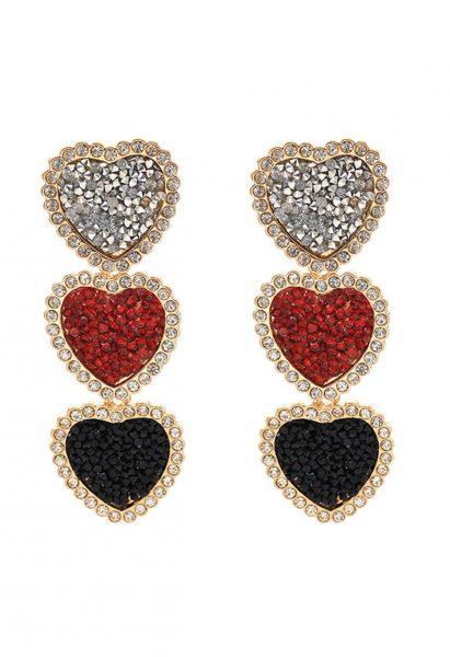 Triple-Color Heart Rhinestone Earrings in Black