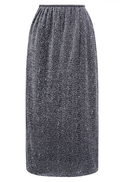 Sequin Adorned Velvet Pencil Skirt in Grey