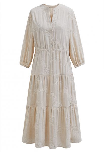 Floral Embroidery Elbow Sleeves Linen Dress