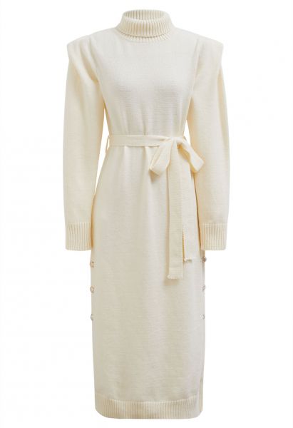 Turtleneck Belted Knit Midi Dress in Cream