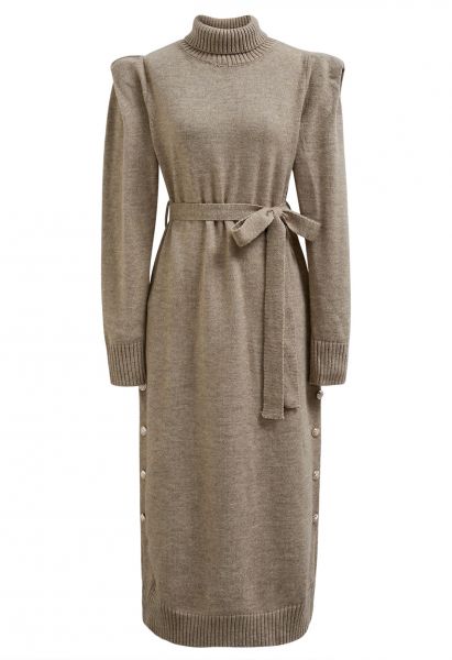 Turtleneck Belted Knit Midi Dress in Taupe