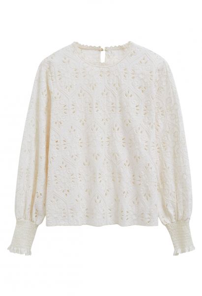 Floral Embroidered Eyelet Dolly Top in Cream