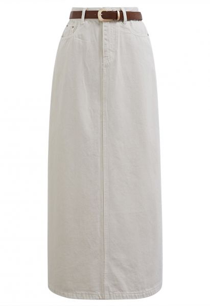 Slit Back Belted Denim Maxi Skirt in Ivory