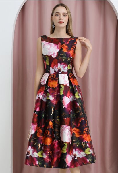 Watercolor Impression Sleeveless Midi Dress