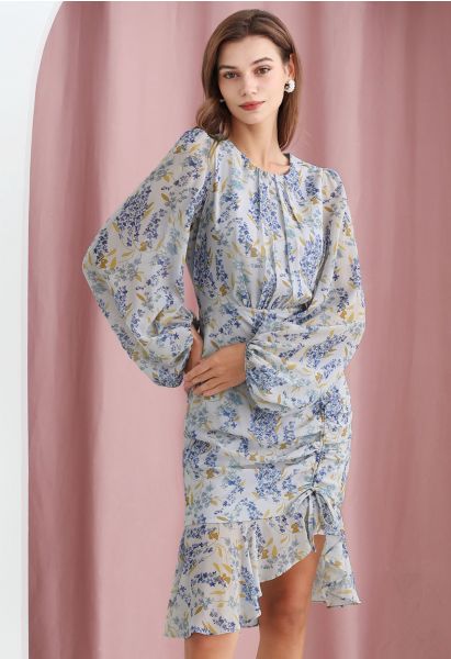 Bluish Floret Ruched Drawstring Chiffon Dress