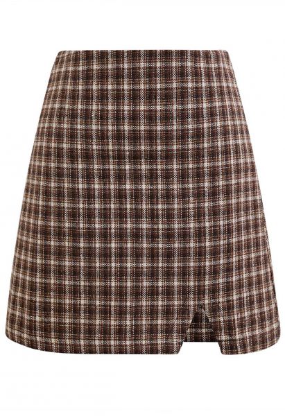 Notch Hem Plaid Tweed Mini Skirt in Brown