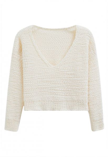 V-Neck Comfy Knit Sweater in Cream