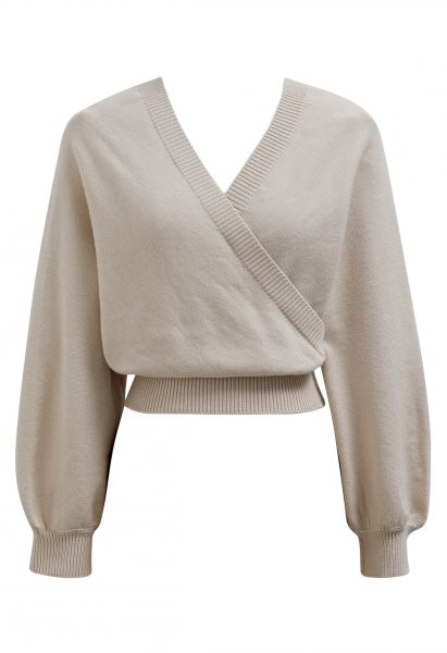 Ribbed Edge Faux-Wrap Knit Top