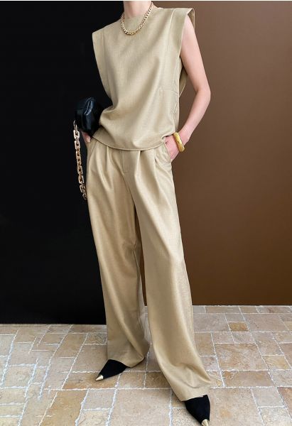 Chic Sleeveless Top and Flowy Wide-Leg Pants Set in Khaki