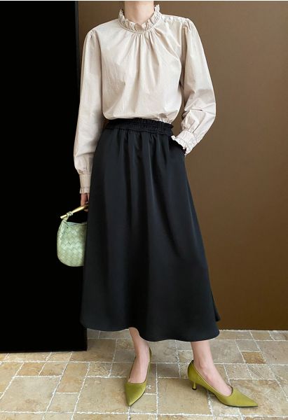 Satin High Waist Midi Skirt in Black